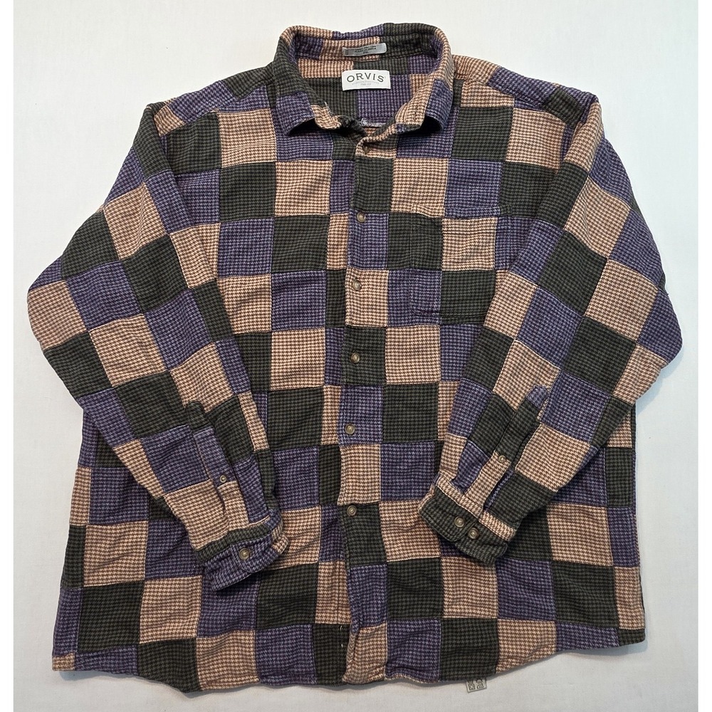 Orvis Men's L Patchwork Plaid Snap Shirt 100% Cotton Heavyweight Outdoor Flannel - Picture 2 of 13